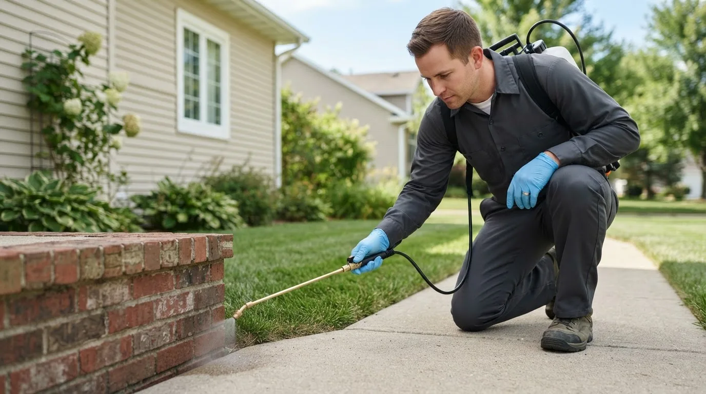 Pest control technician treating a home near Harristown, IL
