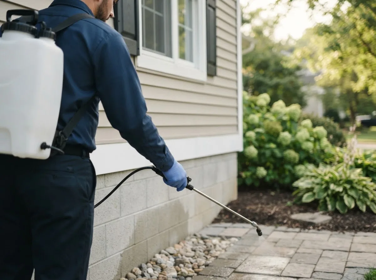 Pest control technician inspecting a home in Harristown, IL